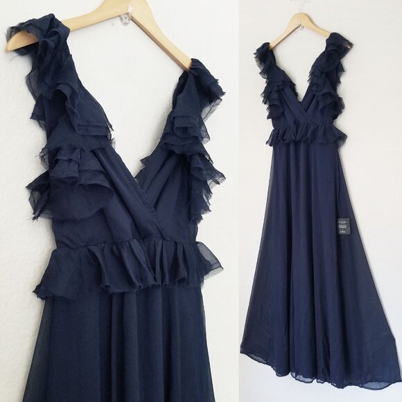 NEW Lulus Navy Blue Ruffled Tie-Back Maxi Dress S Gown Chiffon Fairy Romantic - Picture 16 of 16